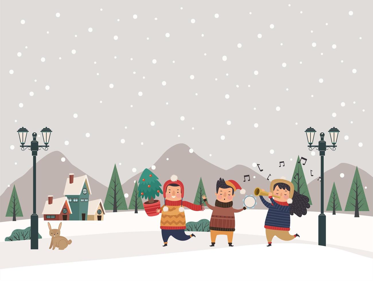 kids playing in snowscape vector