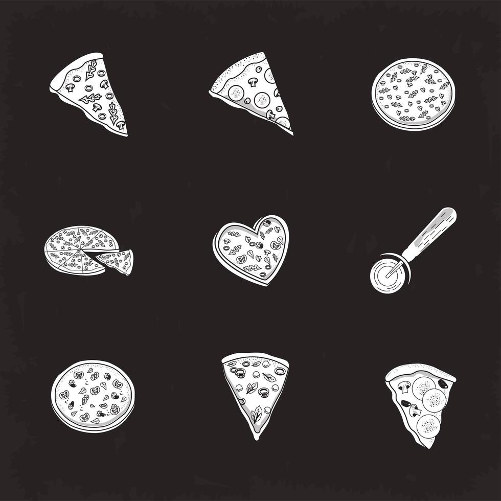 nueve iconos de pizzas italianas vector