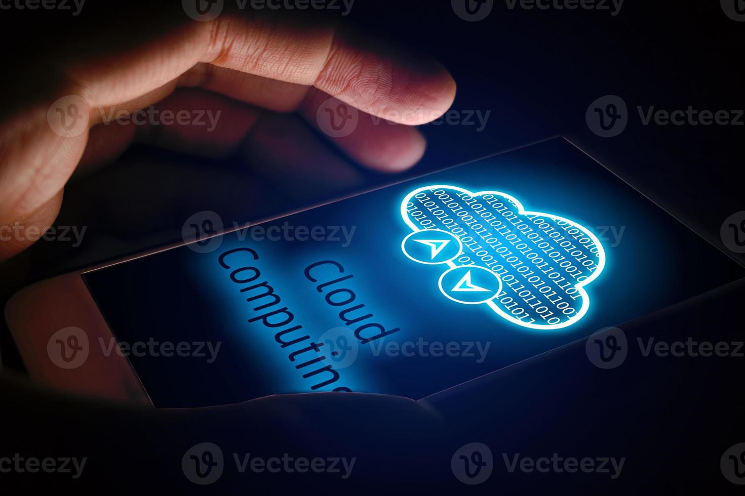 Cloud computing concept, Man using smartphone with virsual screen. photo