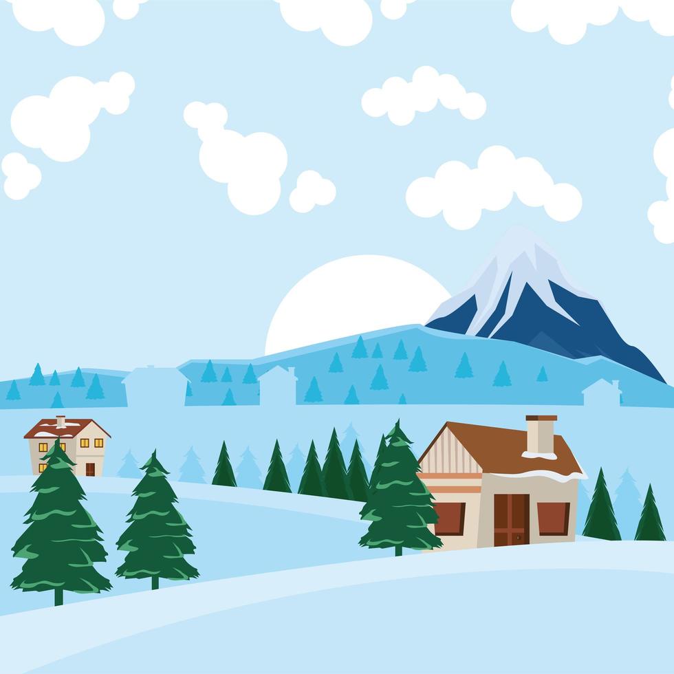 paisaje nevado de invierno con casas vector