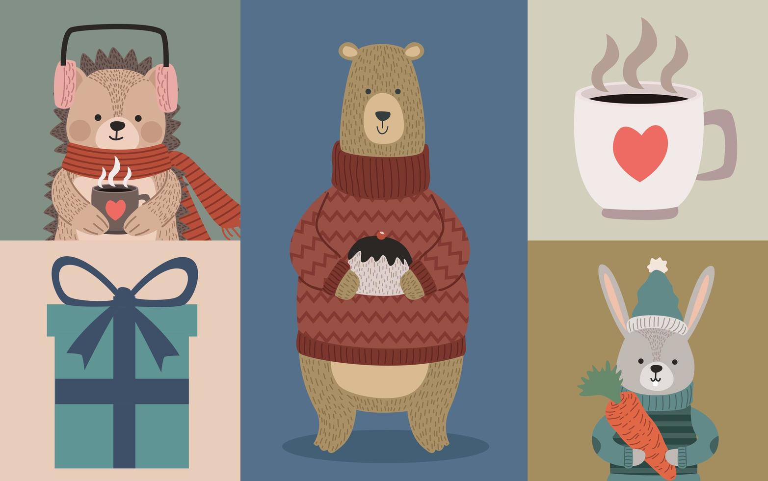 three animals wearing winter clothes vector
