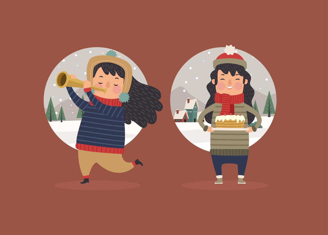 little girls wearing winter clothes vector