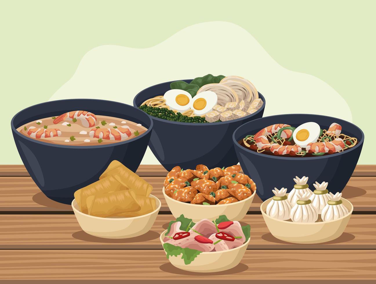 seven chinese food in table vector