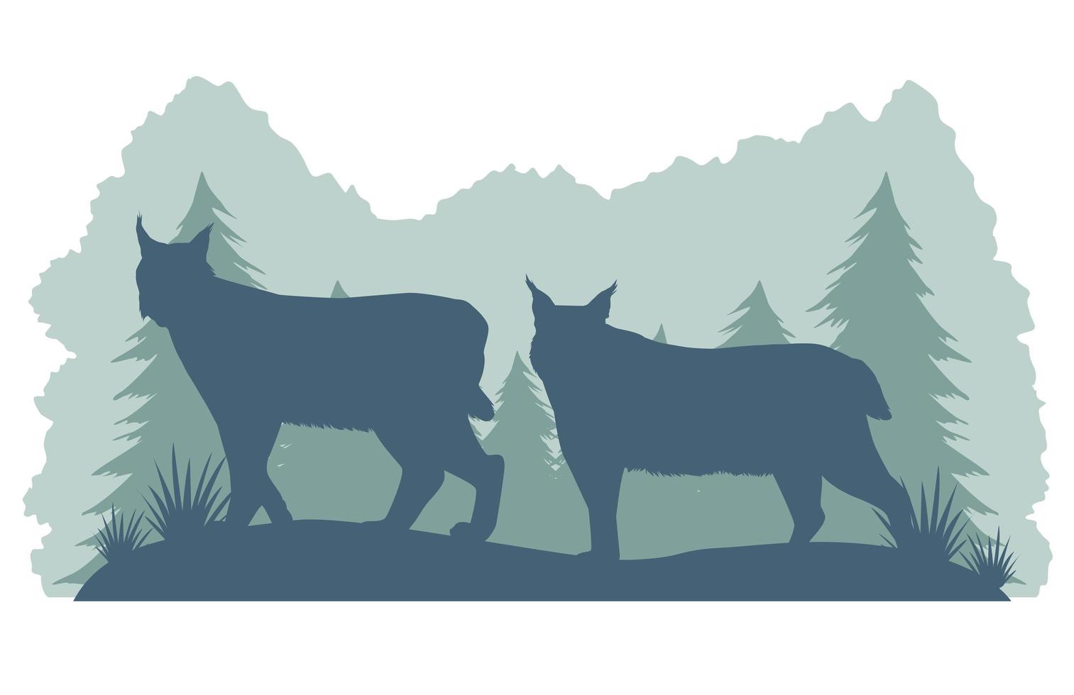 lobos caminando siluetas paisaje vector