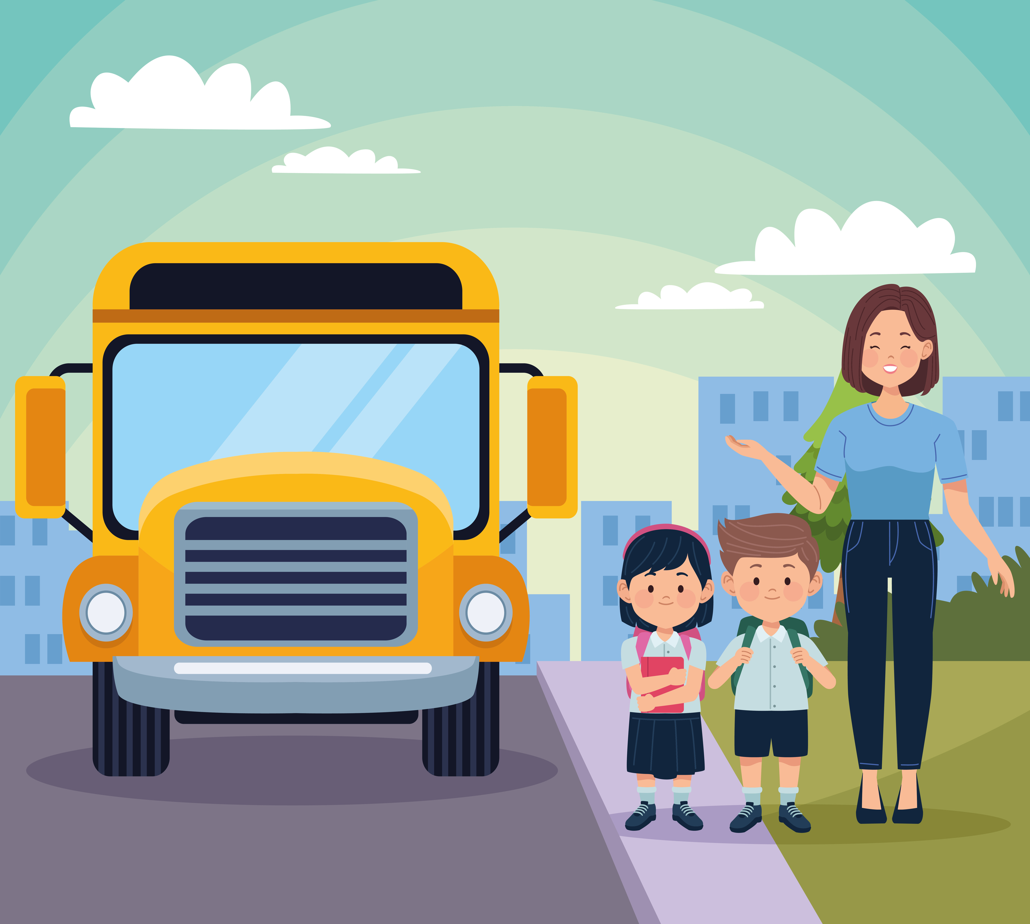 teacher and students in bus 5407488 Vector Art at Vecteezy