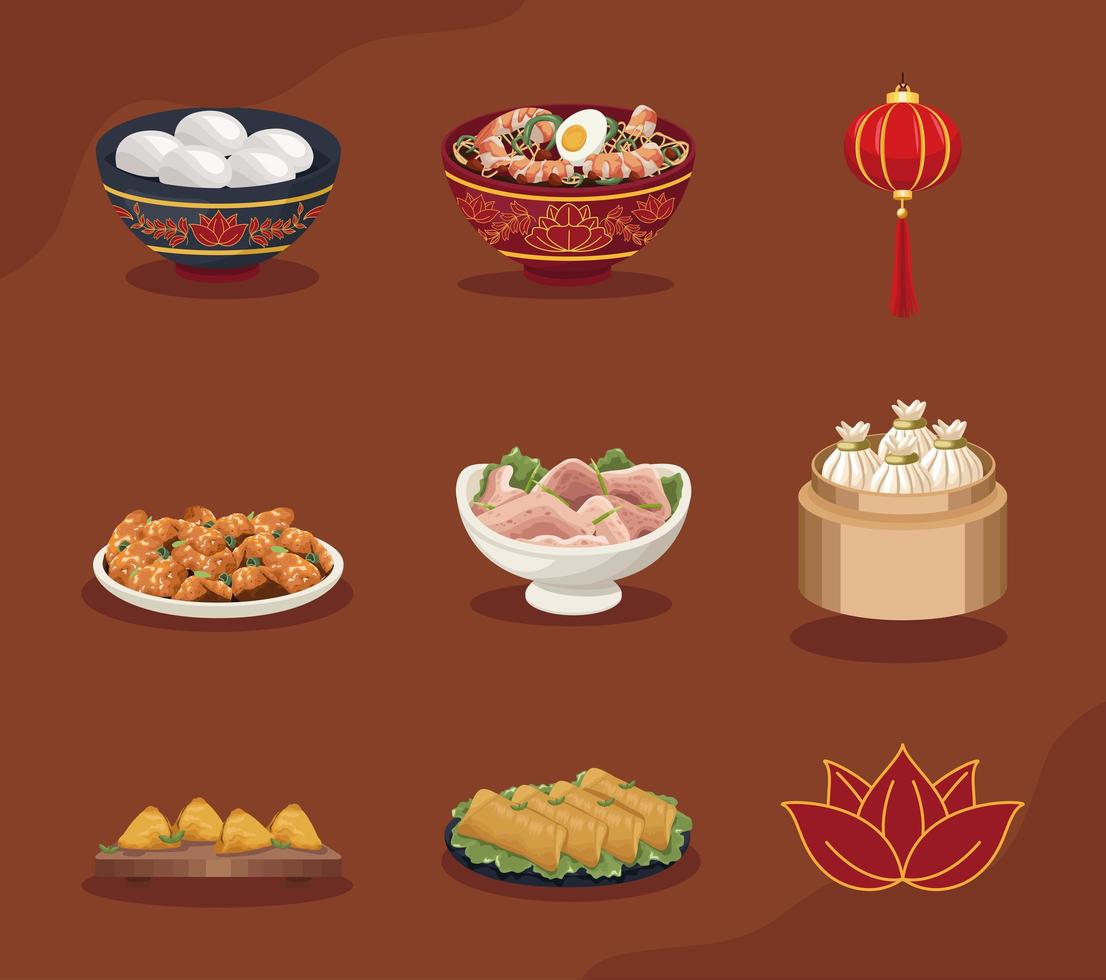 nueve platos de comida china vector