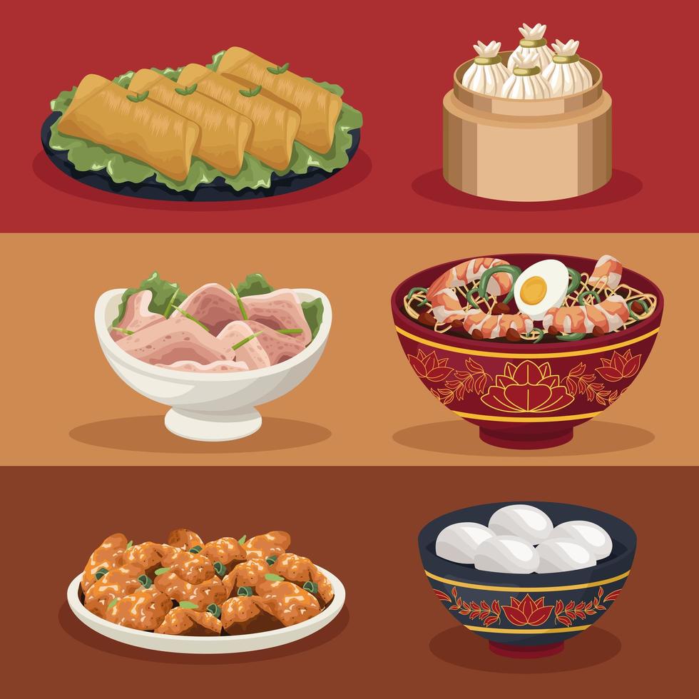 six chinese food dishes vector