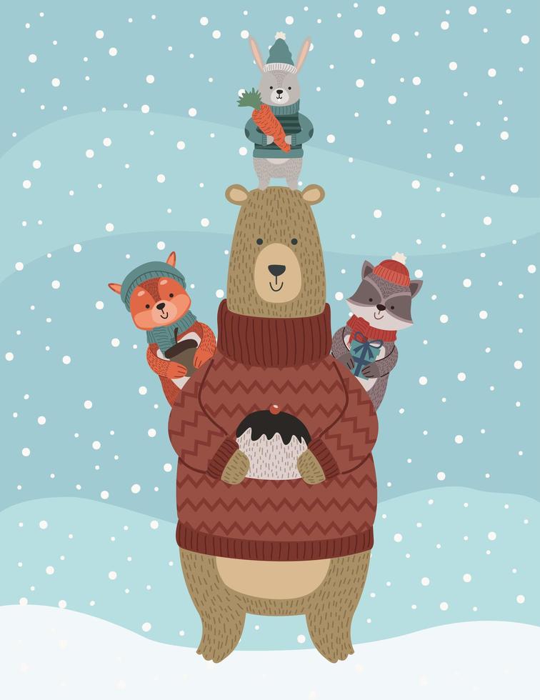 animals wearing winter clothes snowscape vector