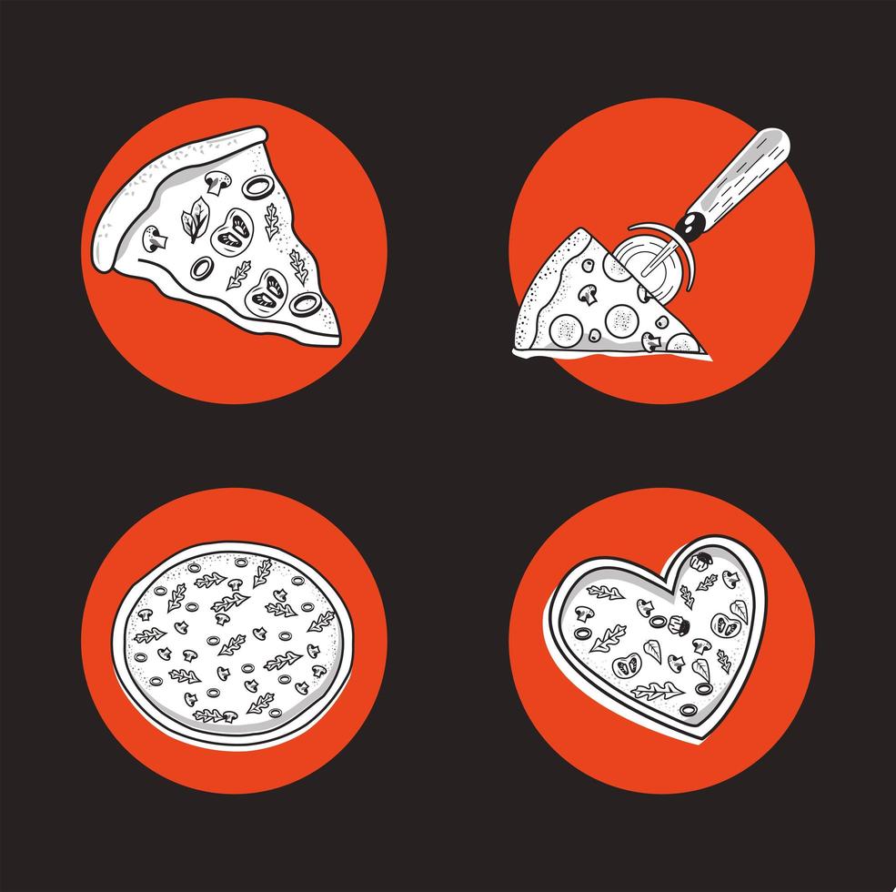 cuatro iconos de pizza italiana vector