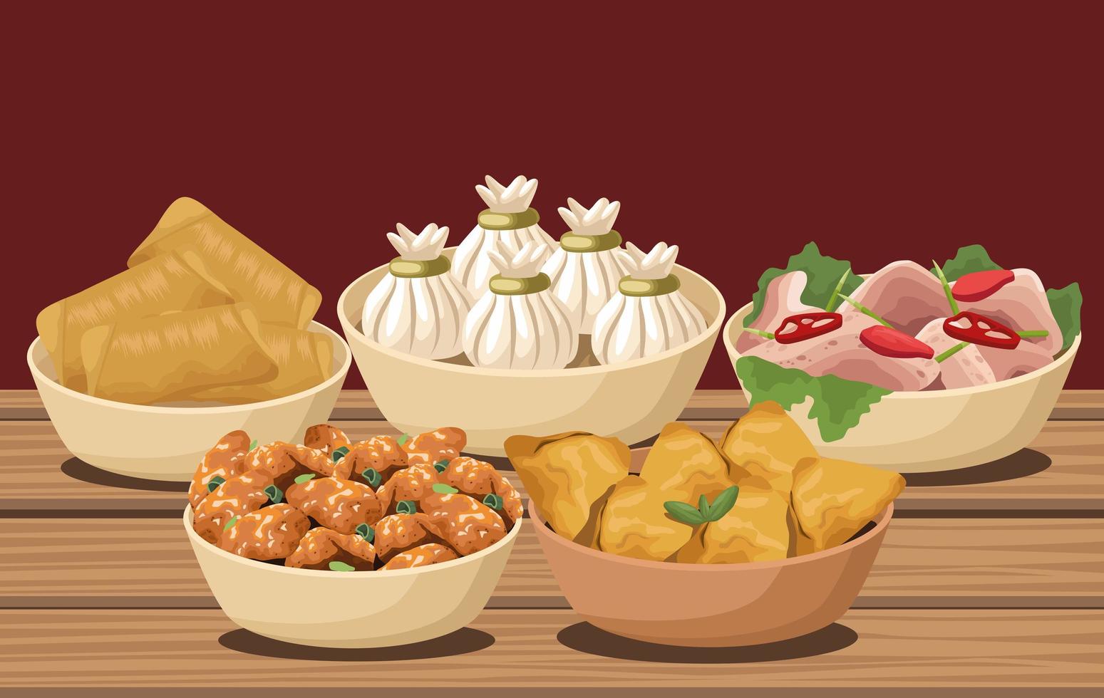 five chinese food in table vector