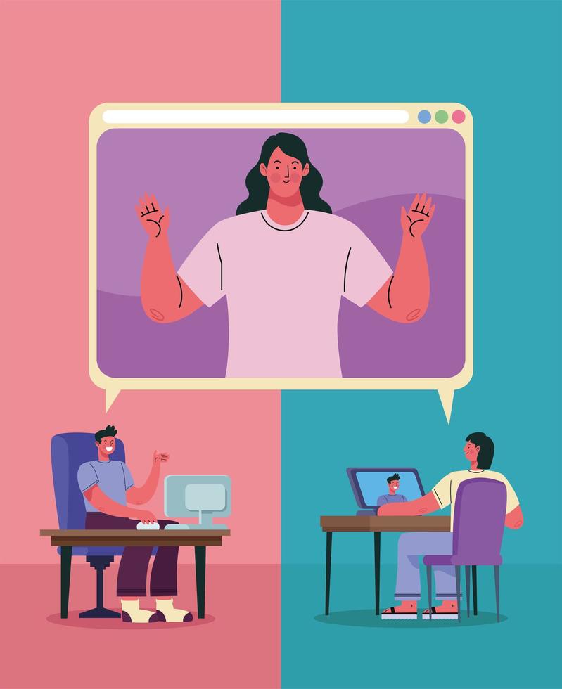 three persons in video conference vector