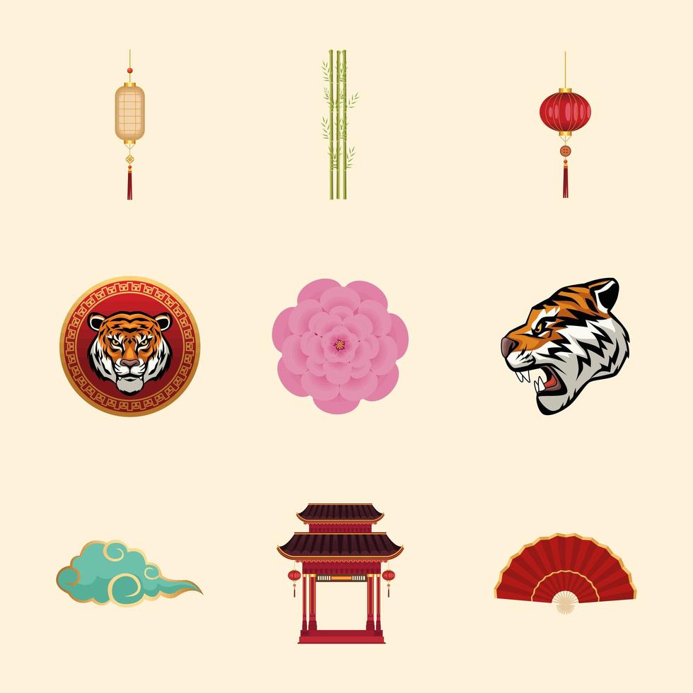 nueve iconos de año nuevo chino vector