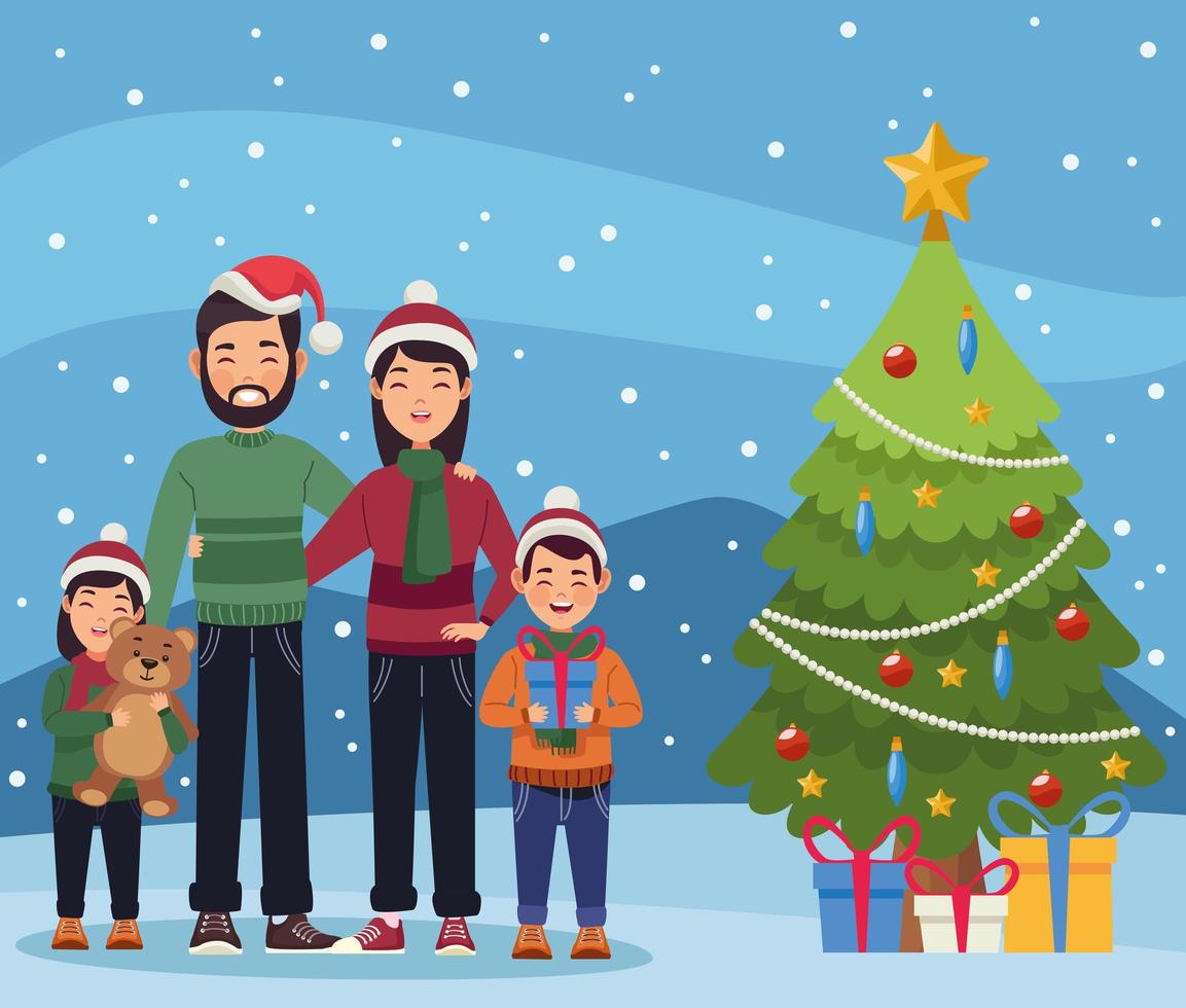 family christmas and tree vector