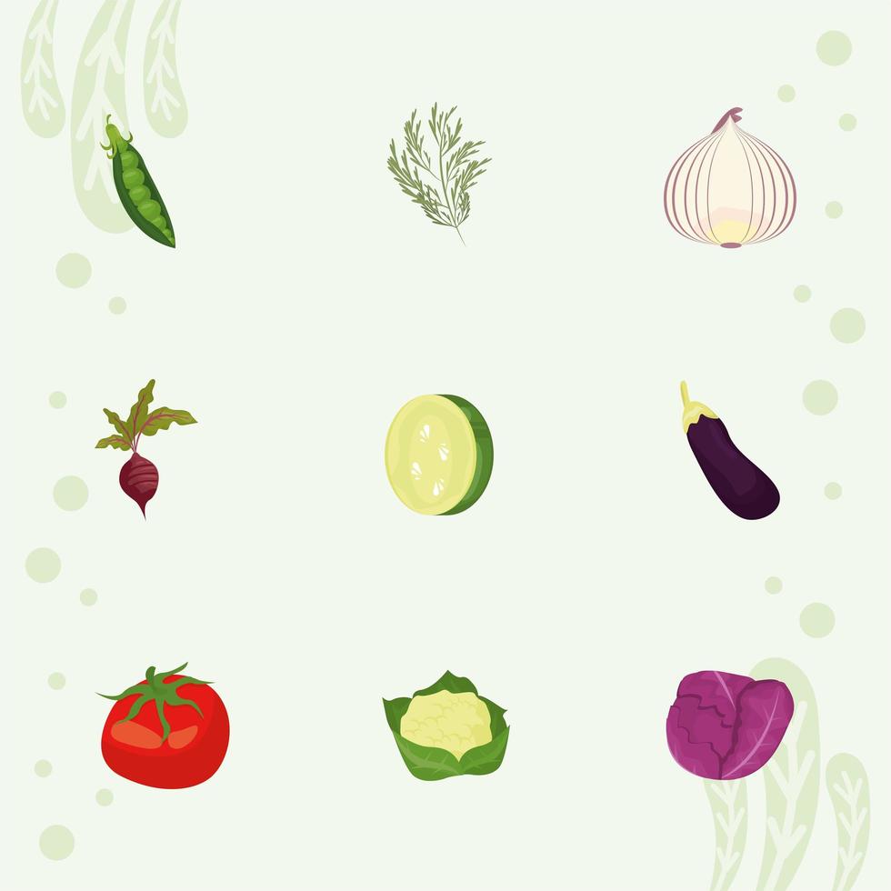 nueve iconos de verduras frescas vector