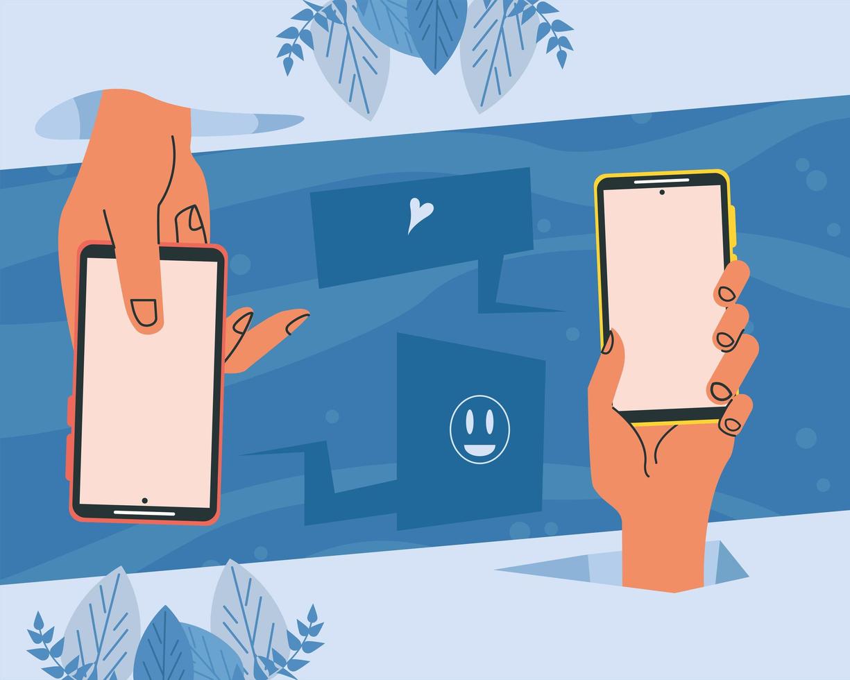 hands with smartphones devices vector