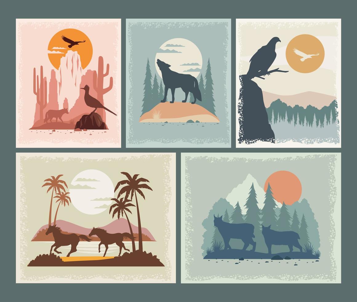 animals in landscapes scenes vector