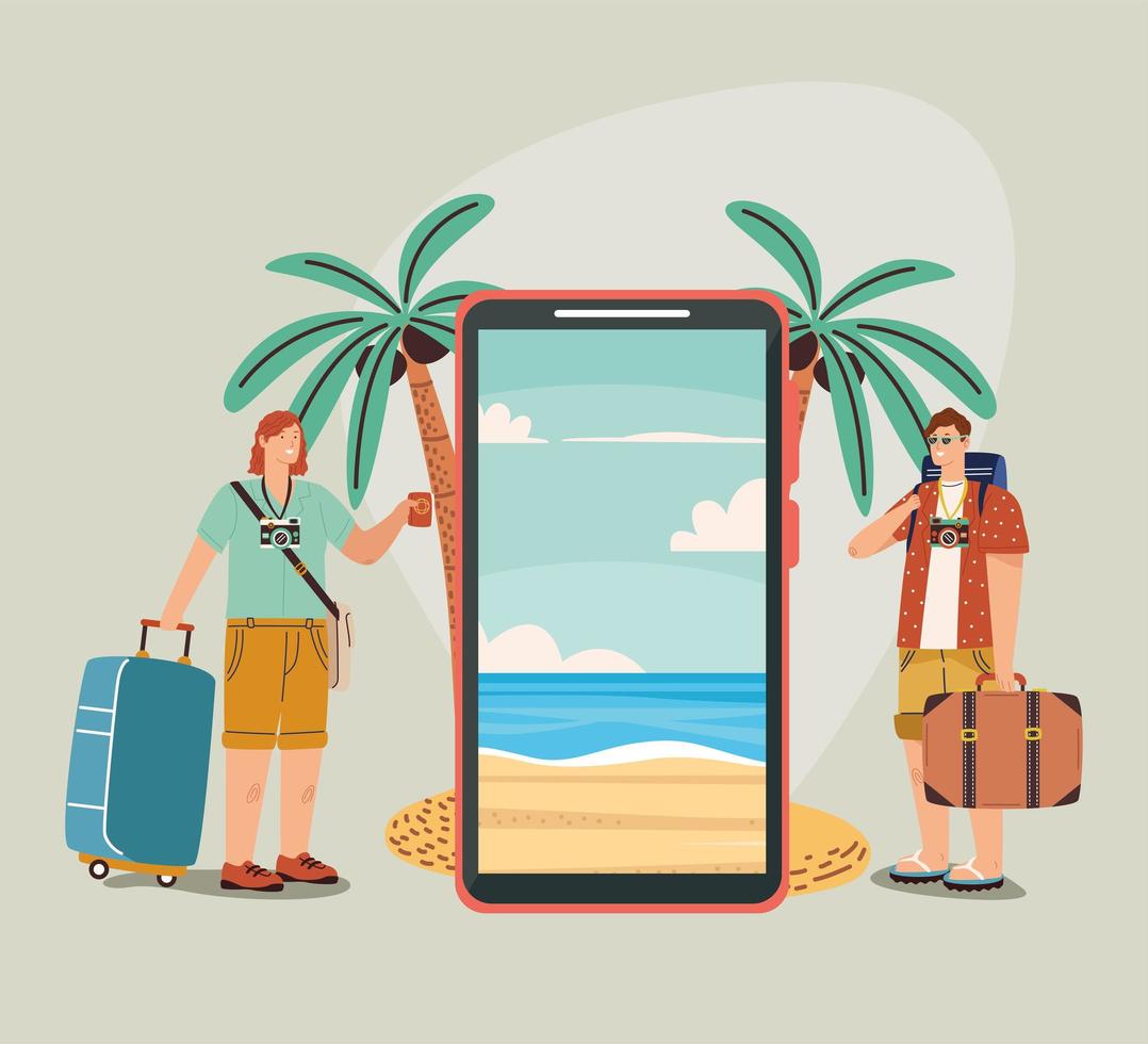 tourist couple with smartphone vector