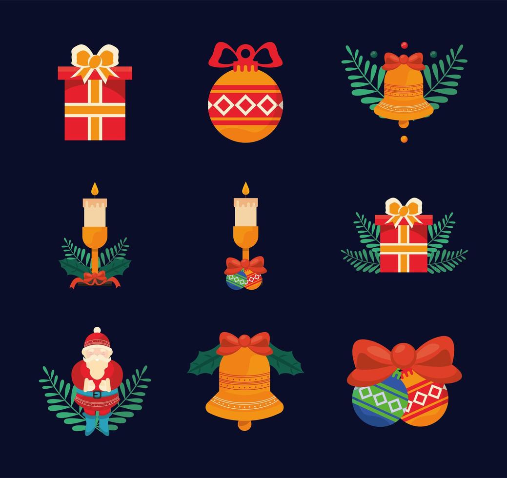 nueve iconos de feliz navidad vector