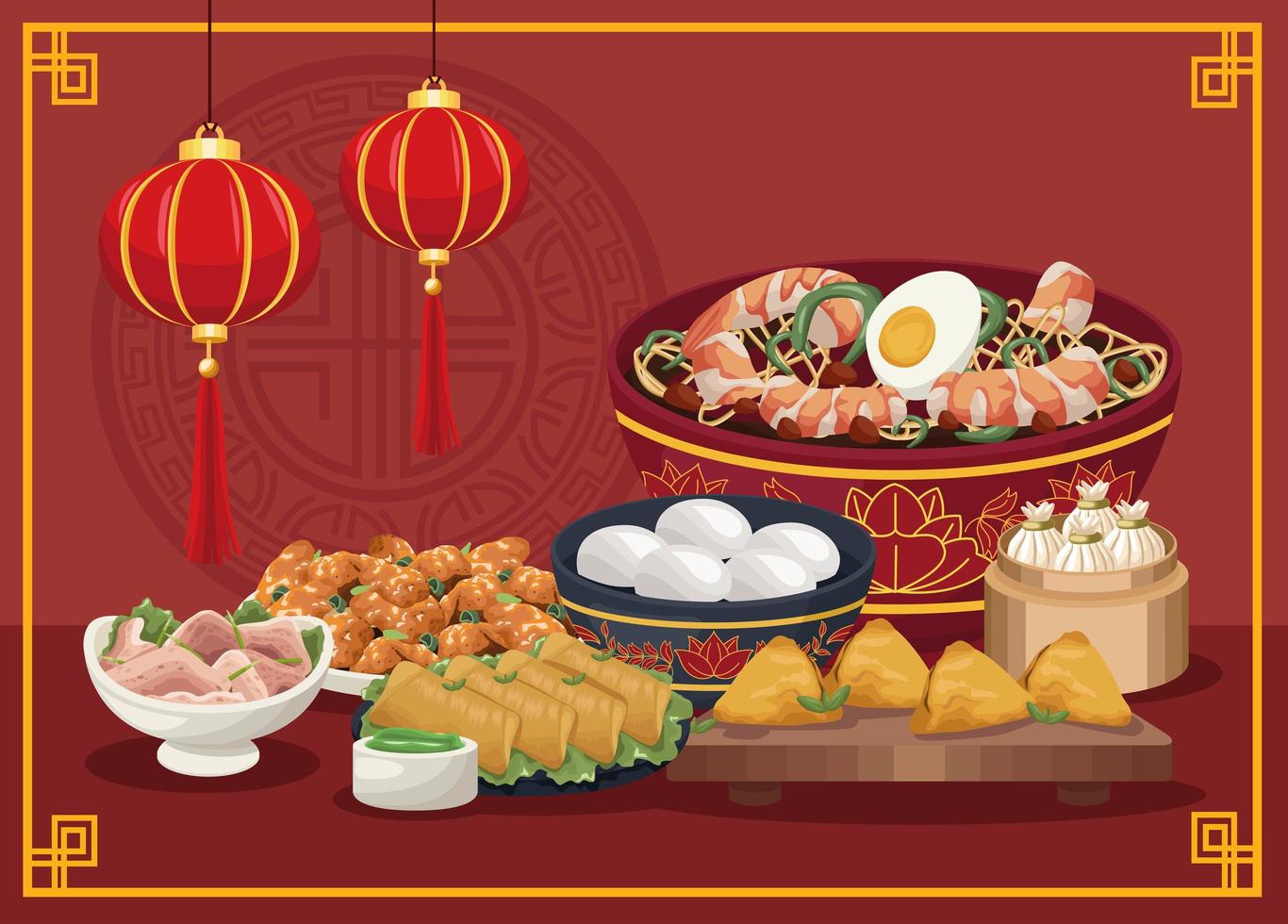 seven chinese food dishes scene vector