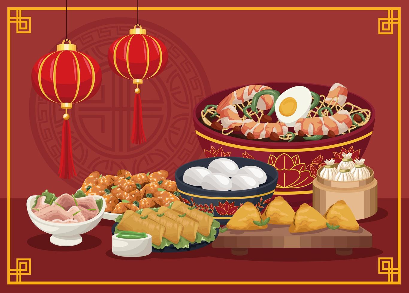 escena de siete platos de comida china vector