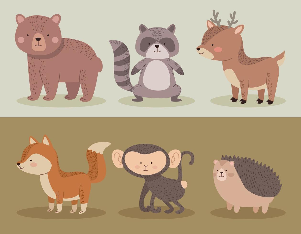 seis lindos iconos de animales vector