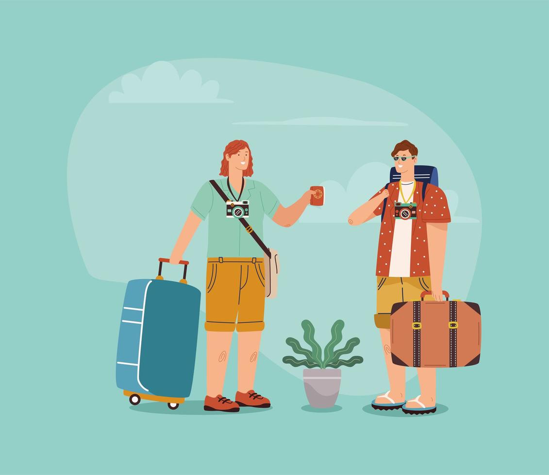 pareja de turistas con maletas vector