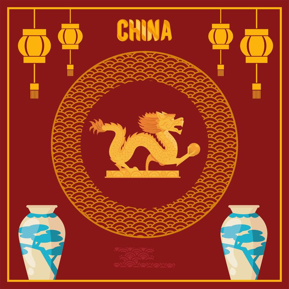 china dragon and jars vector