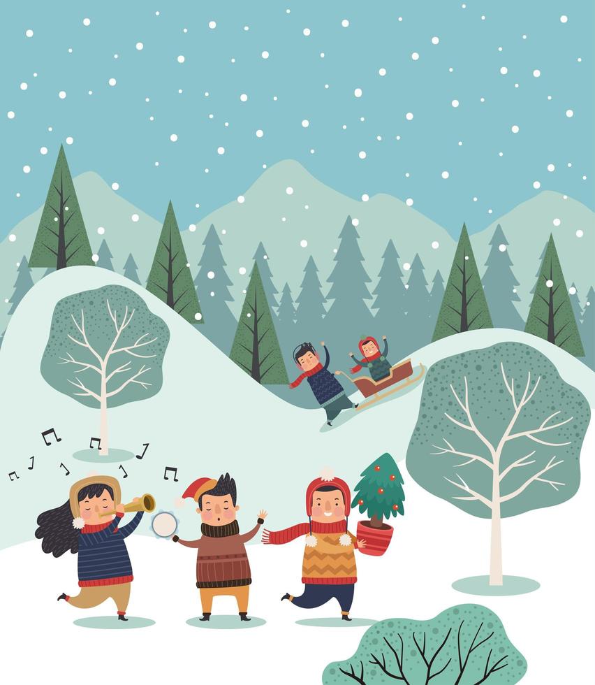 group of people in snowscape vector