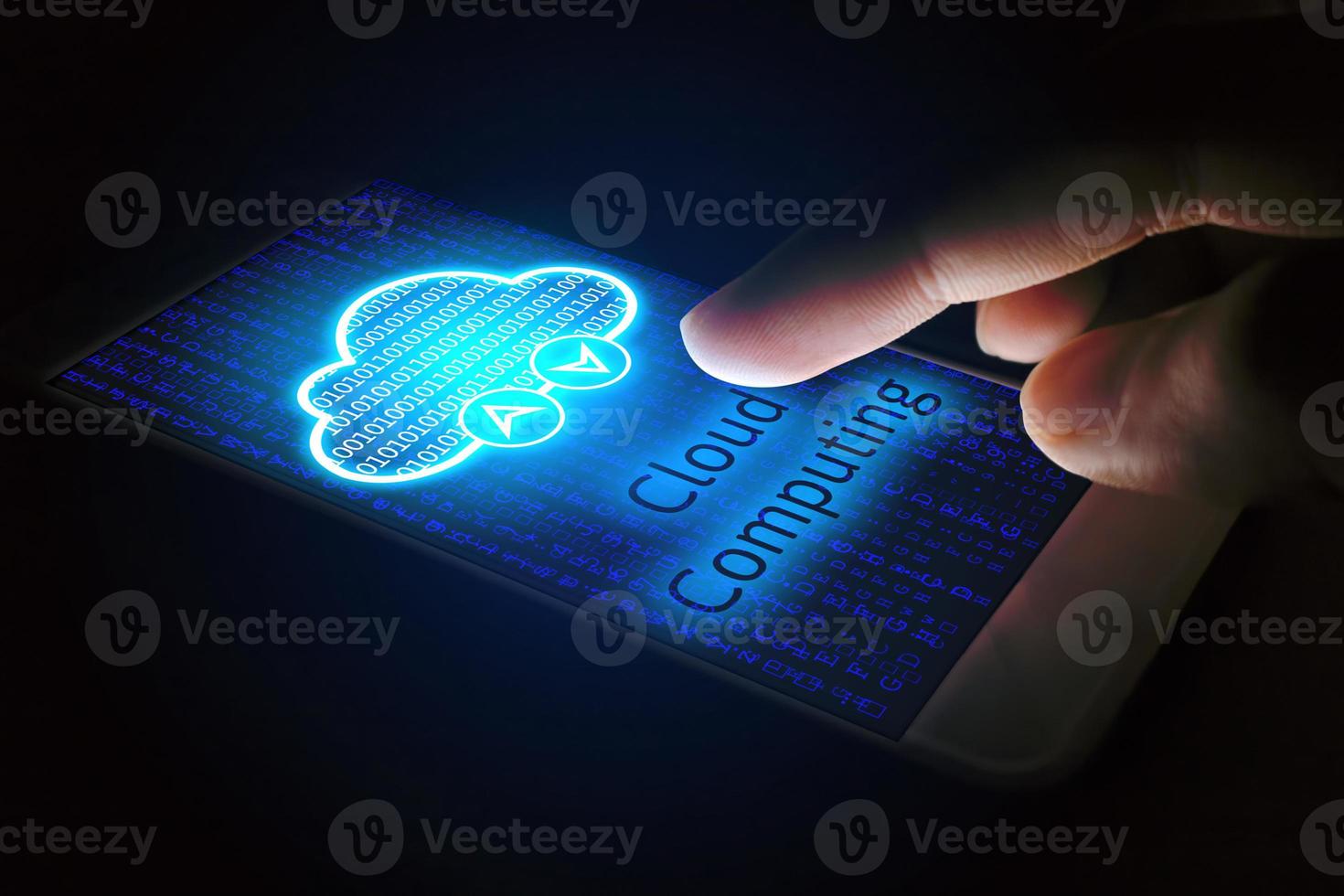 Cloud computing concept, Man using smartphone with virsual screen. photo