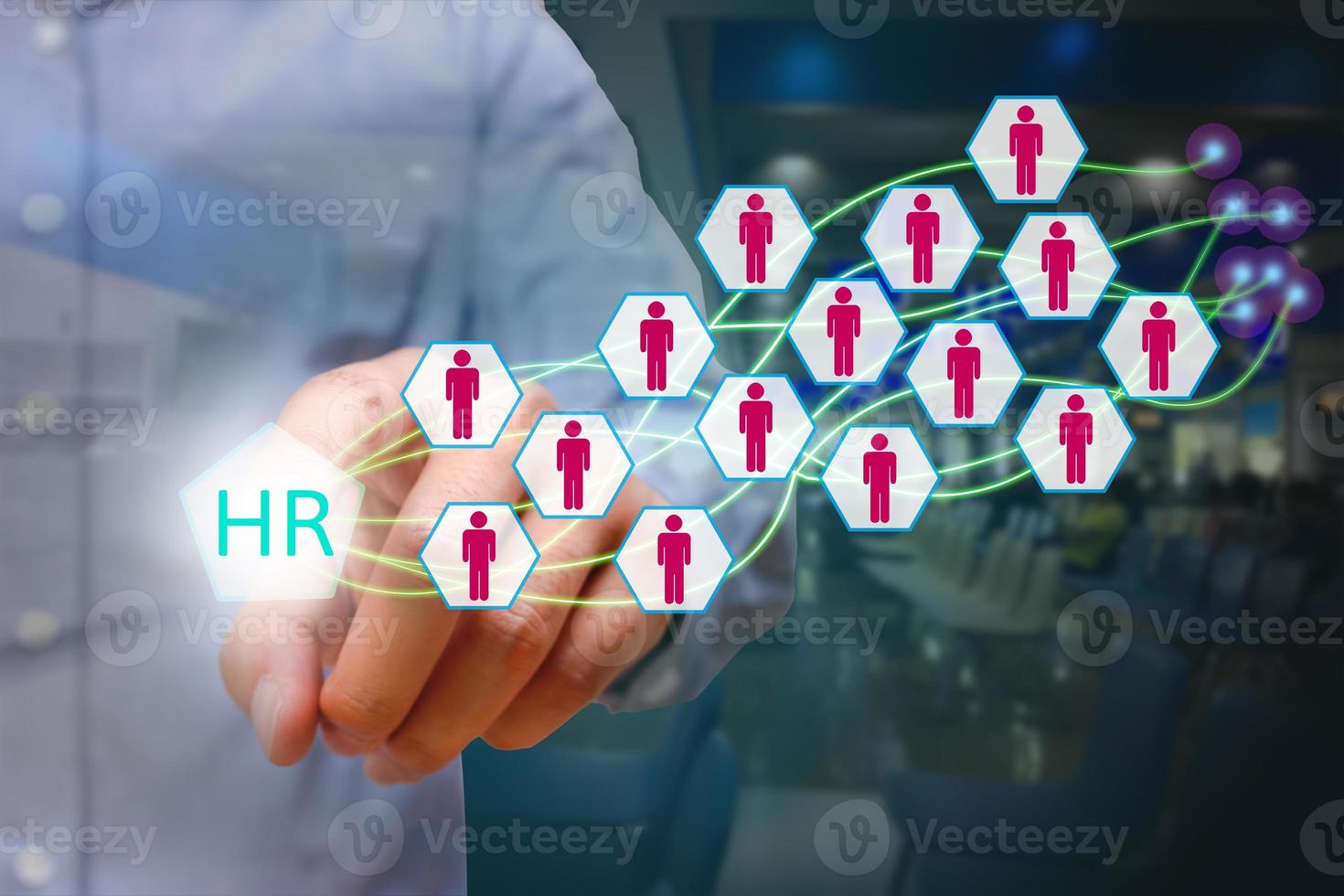 Human resources management concept, business man pressing HR icon on virtual screen. photo