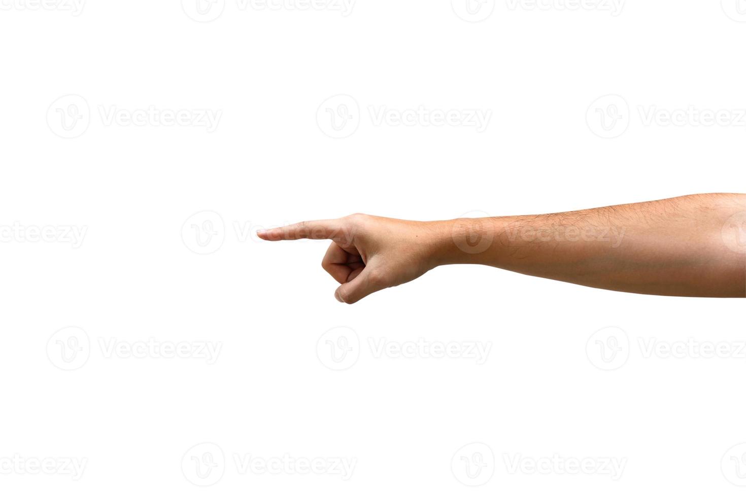 mano de mujer señalando algo de acción, aislado en fondo blanco, con trazado de recorte. foto