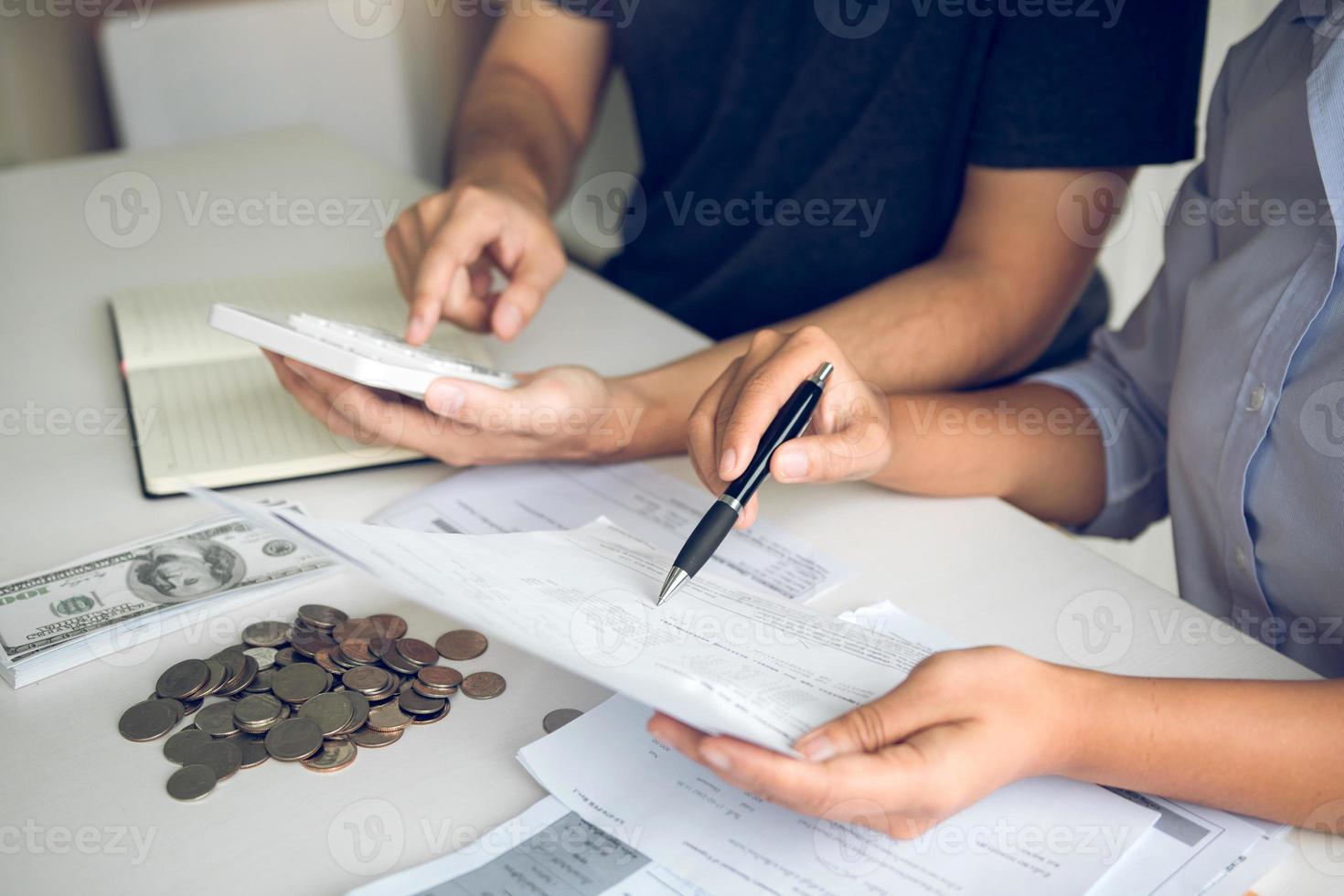 Two asian couples and men and women are together analyzing expenses or finances in deposit accounts and daily income sources with an savings economical concept. photo