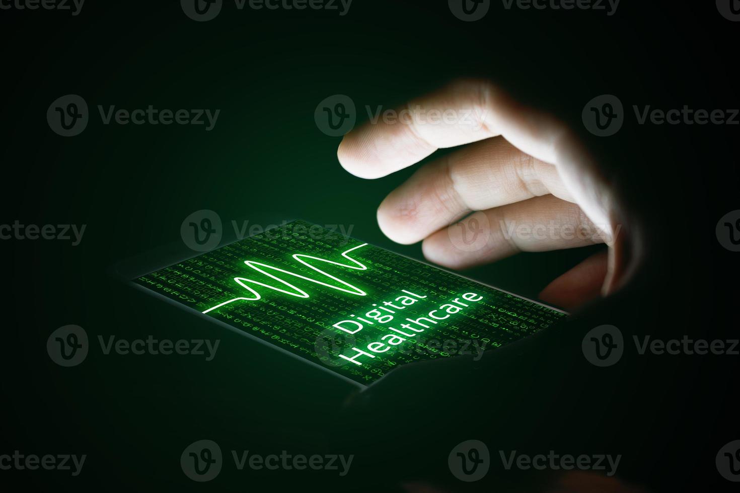 Digital healthcare concept, man hand using smartphone and virtual screen. photo