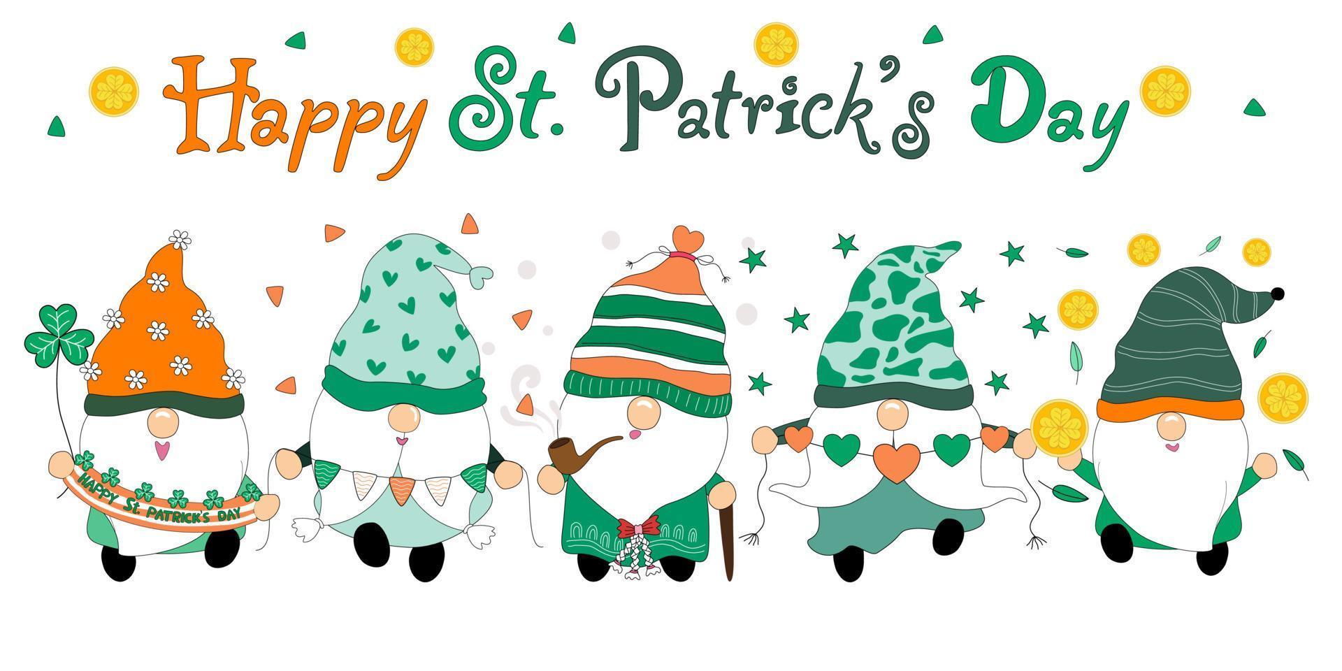 Bundles Happy Patrick's Day with the cute gnomes. Designed in green tones vector