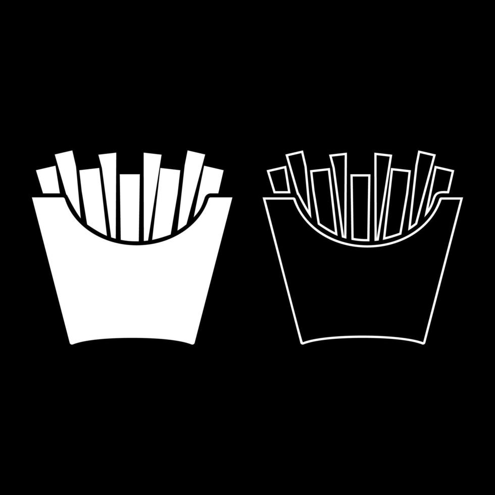 French fries in package Fried potatoes in paper bag Fast food in bucket box Snack concept icon outline set white color vector illustration flat style image