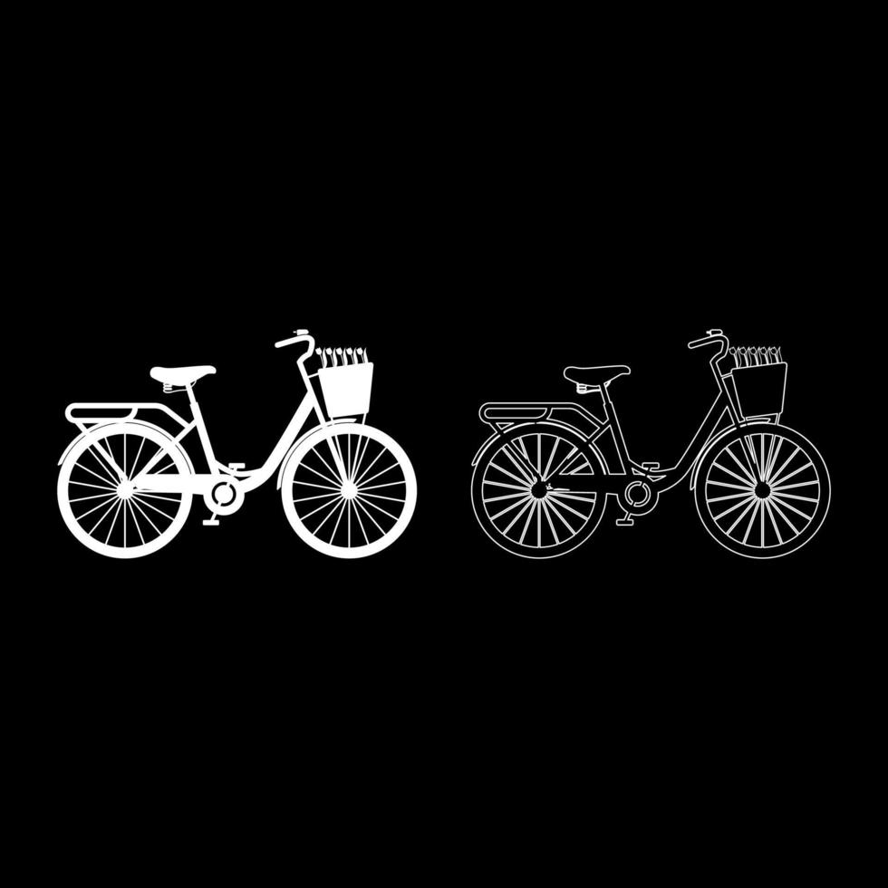 bicicleta con cesta y flores tulipanes icono contorno conjunto color blanco vector ilustración estilo plano imagen