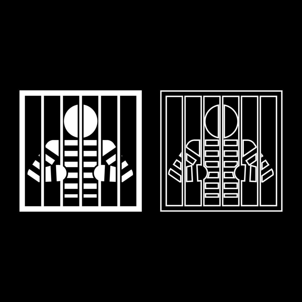 Prisoner behind bars holds rods with his hands Angry man watch through lattice in jail Incarceration concept icon outline set white color vector illustration flat style image