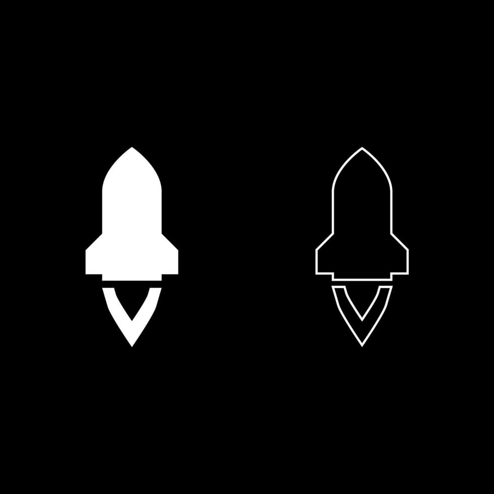 Rocket with flame in flying Spaceship launching Space exploration War weapon concept icon outline set white color vector illustration flat style image