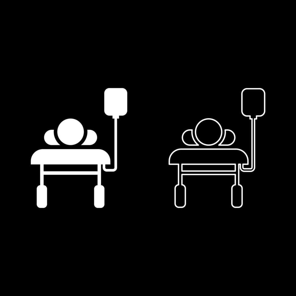 Patient lying on medical bed couch with dropper Man with dropping bottle Emergency therapy concept injecting resuscitation Intensive care icon outline set white color vector illustration flat style