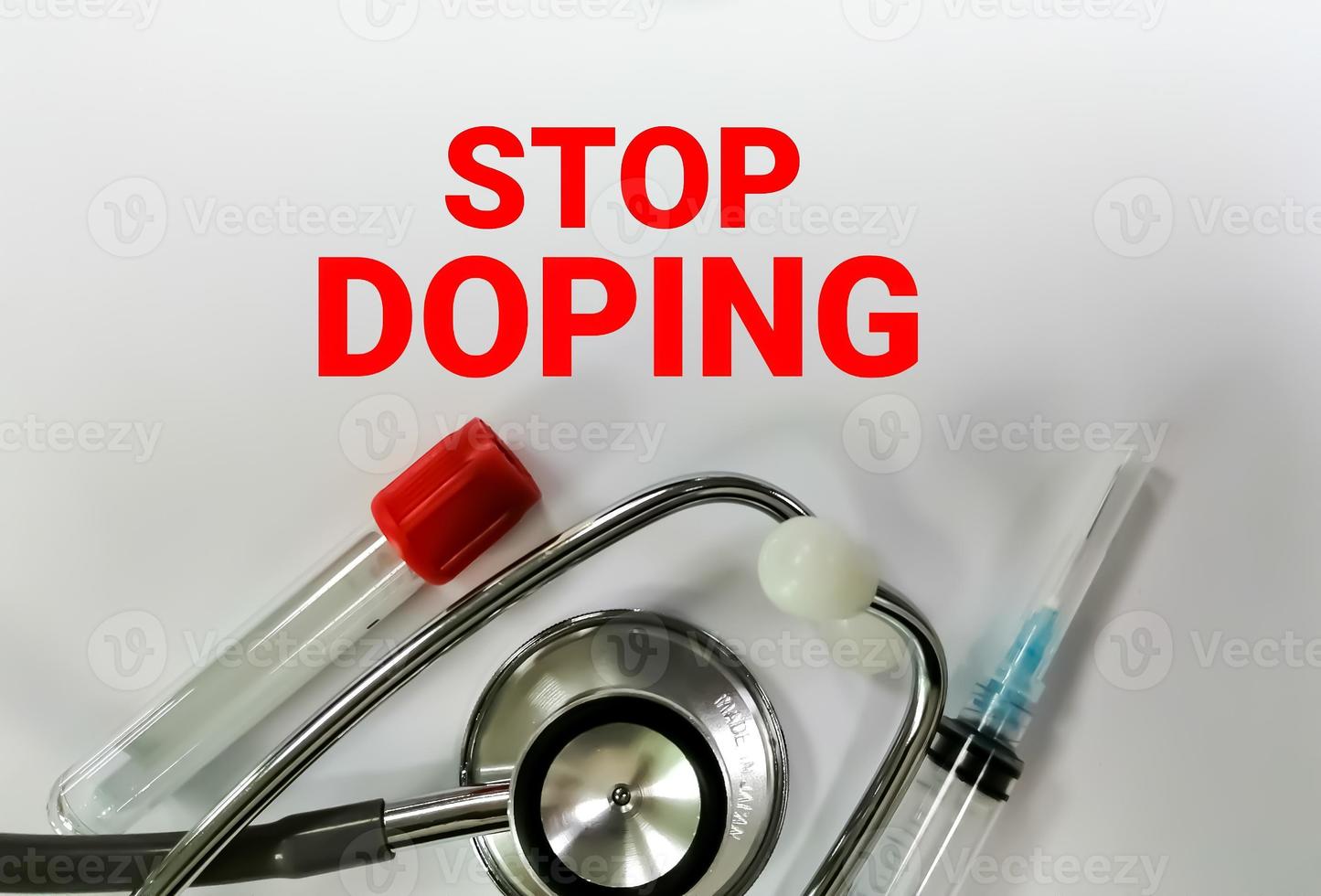 Stop Doping word with medical equipments, multi purpose concept - isolated on white background photo