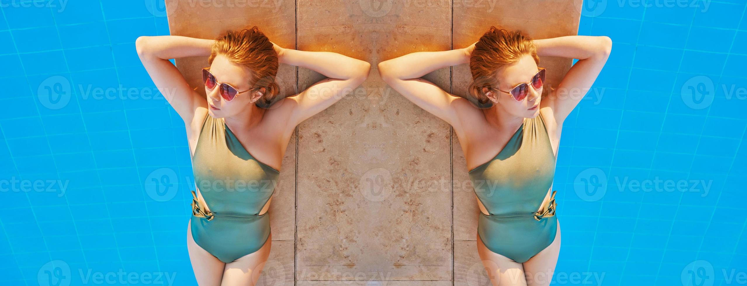 Beautiful woman chilling out by the swimming pool. Summer, recreation, travel concept photo