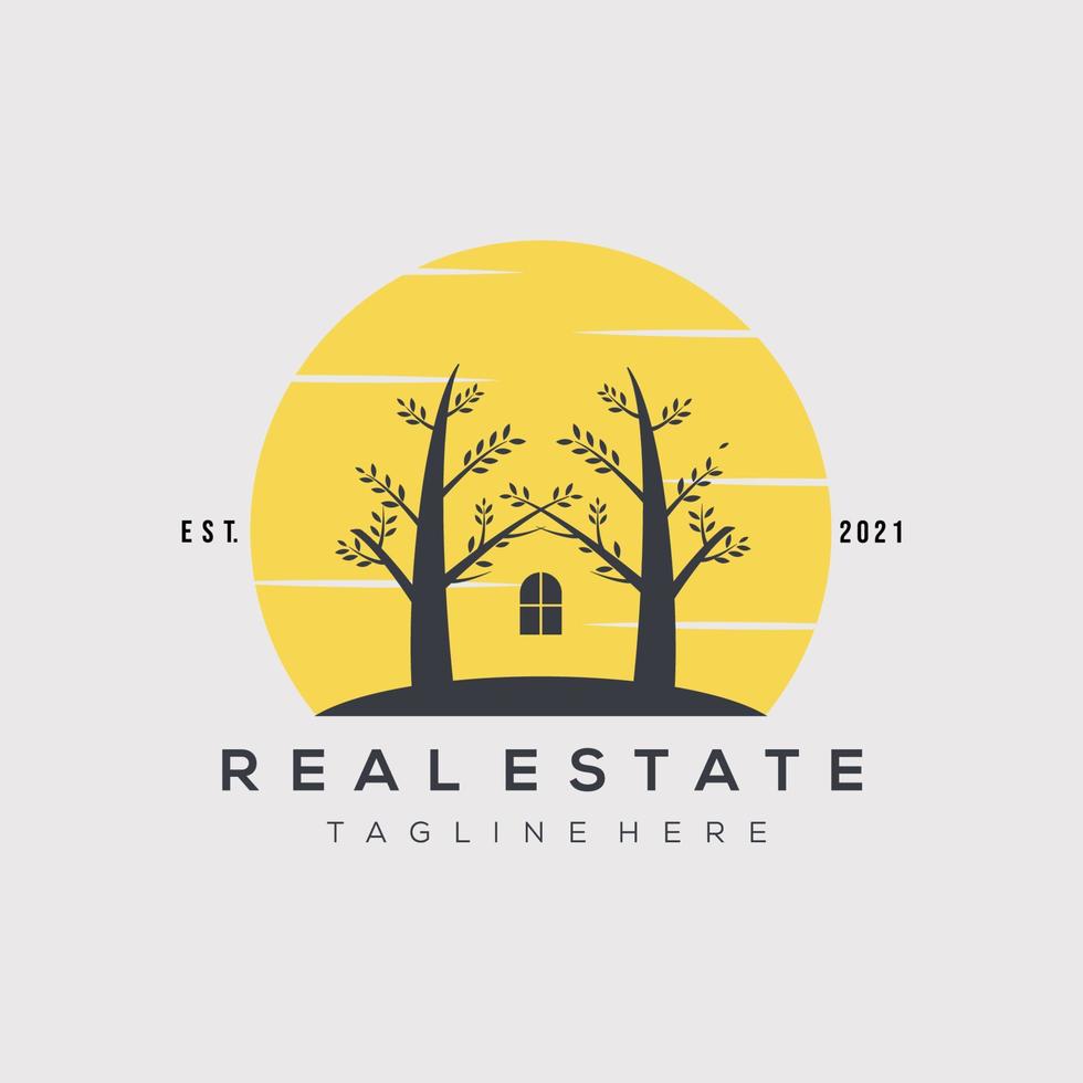 diseño de ilustración vectorial del logotipo inmobiliario. símbolo de la casa del árbol. vector