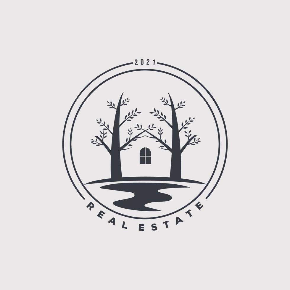 Real estate logo vector illustration design. tree house symbol.