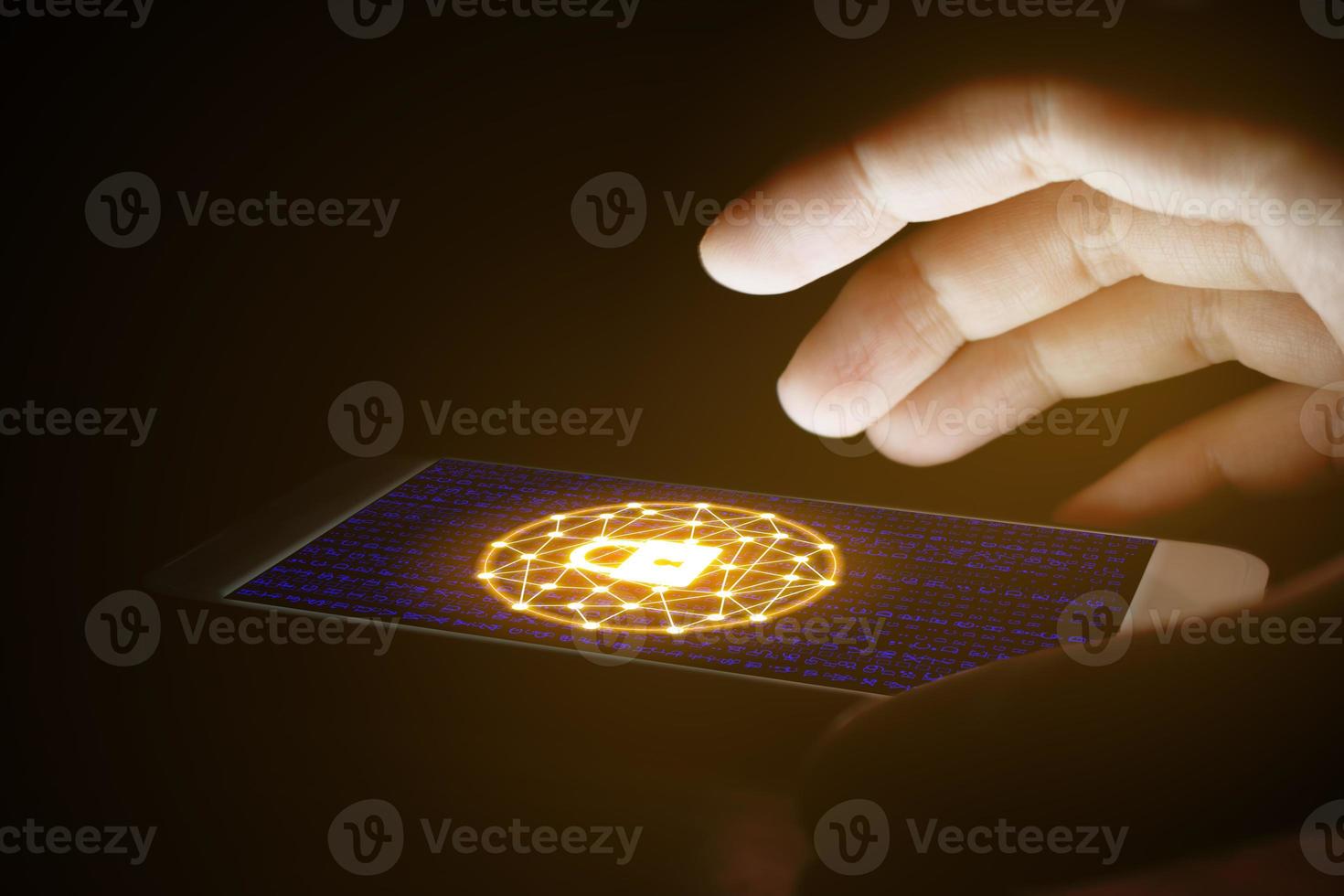 Cyber security concept, woman hand using and protection network with virtual screens on smartphone. photo