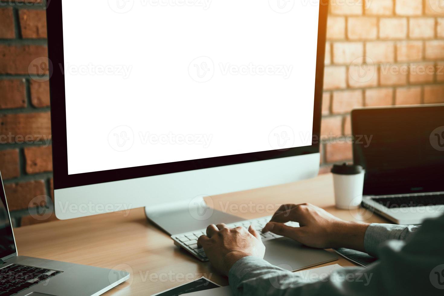 Close up of hands contemporary website developer man typing and writing code for program website. photo