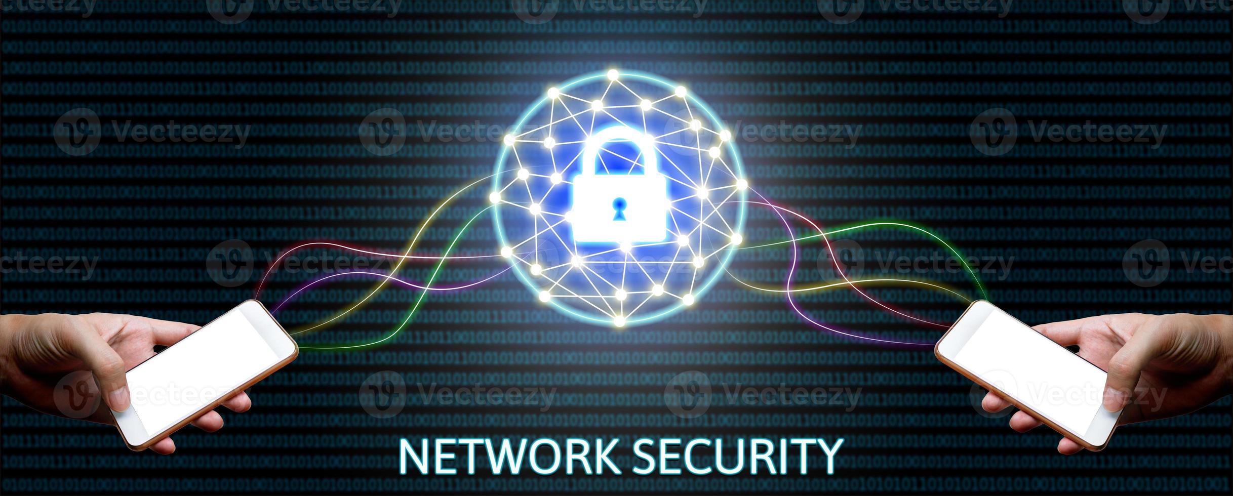 Cyber security network concept, man holding smartphone with lock networking and binary background. photo