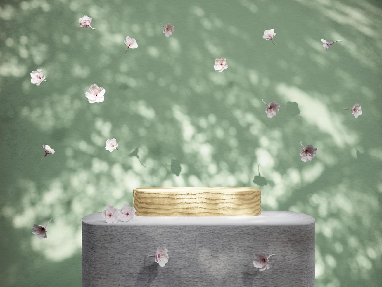 Product display podium with falling or levitate flower 3D render illustration photo