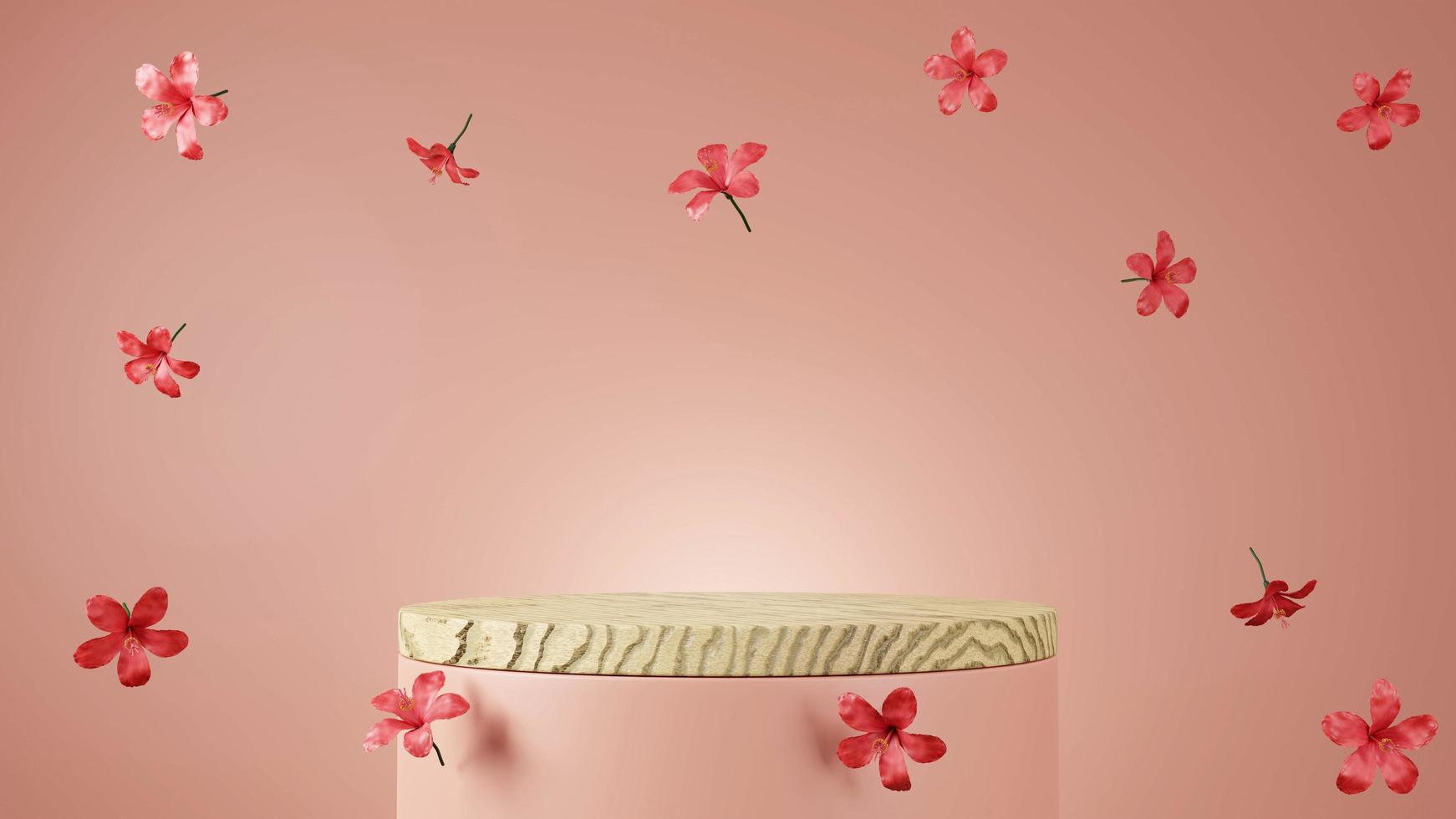 etapa de madera mínima con flor de hibisco cayendo ilustración de renderizado 3d foto