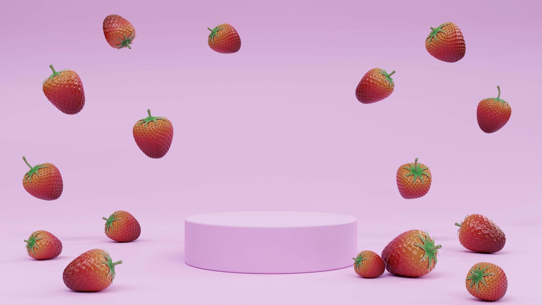 podio rosa cilíndrico con ilustración de renderizado 3d de fresa cayendo foto