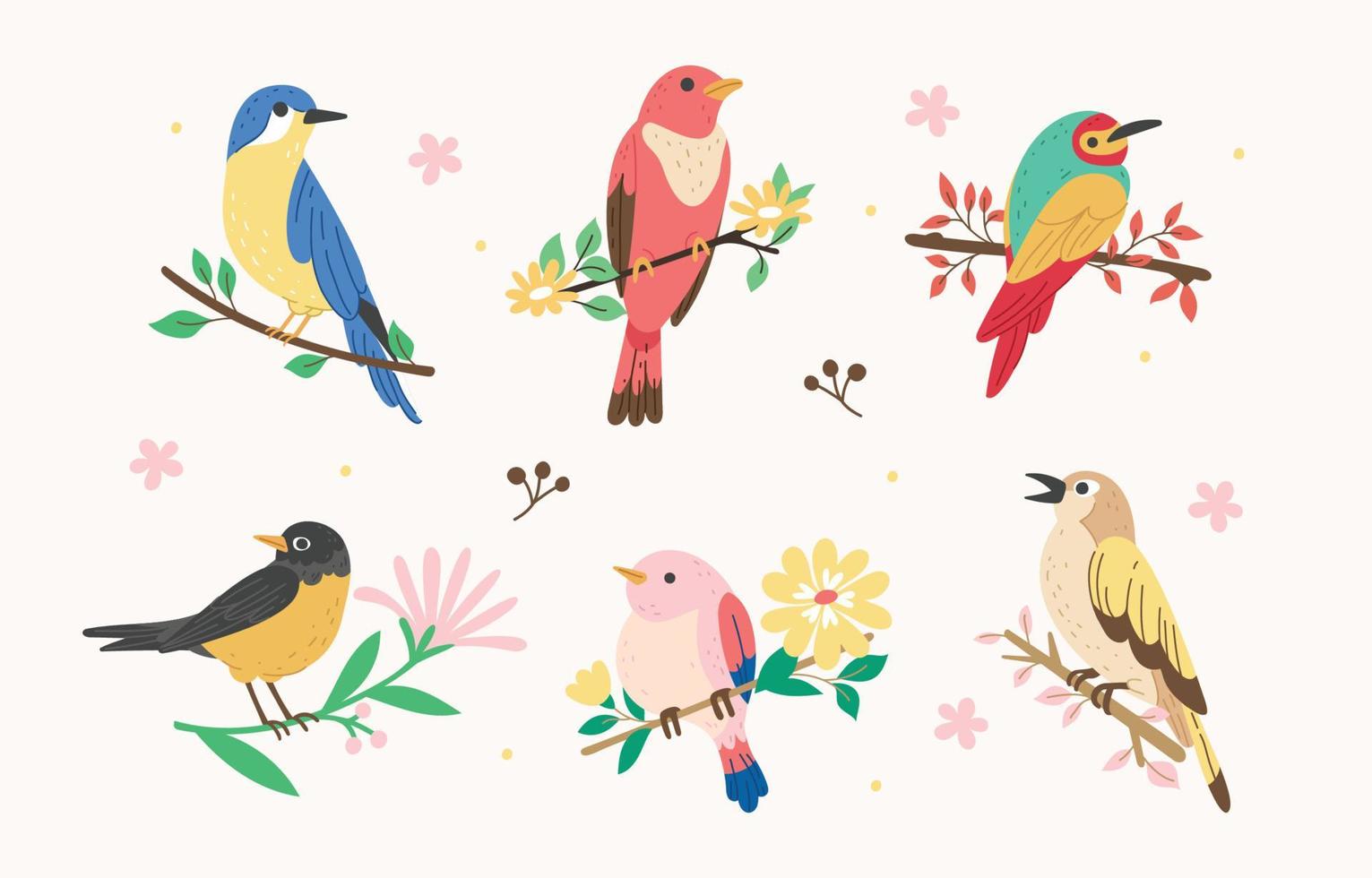 conjunto de pájaros de primavera en las ramas vector